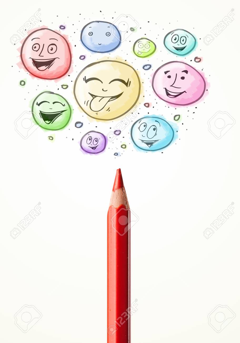 Faccina sorridente colorato bolle che esce di matita Archivio Fotografico