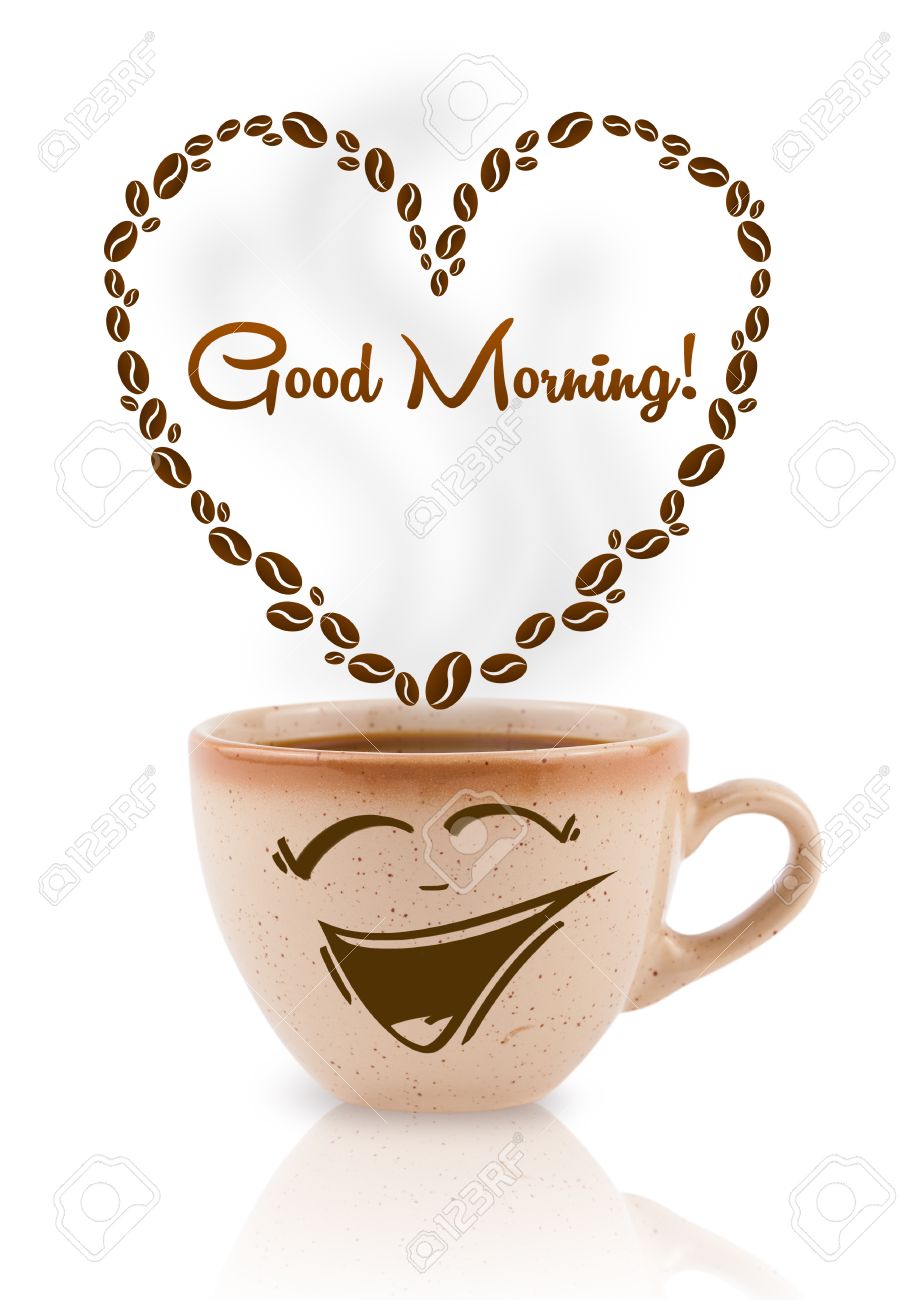 Kaffeetasse Mit Kaffeebohnen Geformt Herz Mit Good Morning Zeichen Isoliert Auf Weiss Lizenzfreie Fotos Bilder Und Stock Fotografie Image
