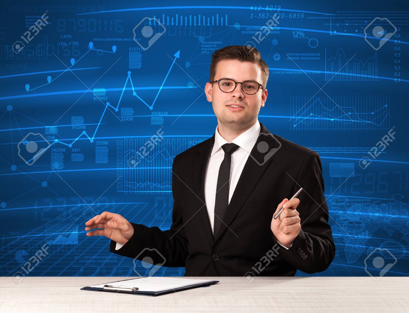 stock data analyst in studio giving adivce on blue chart background