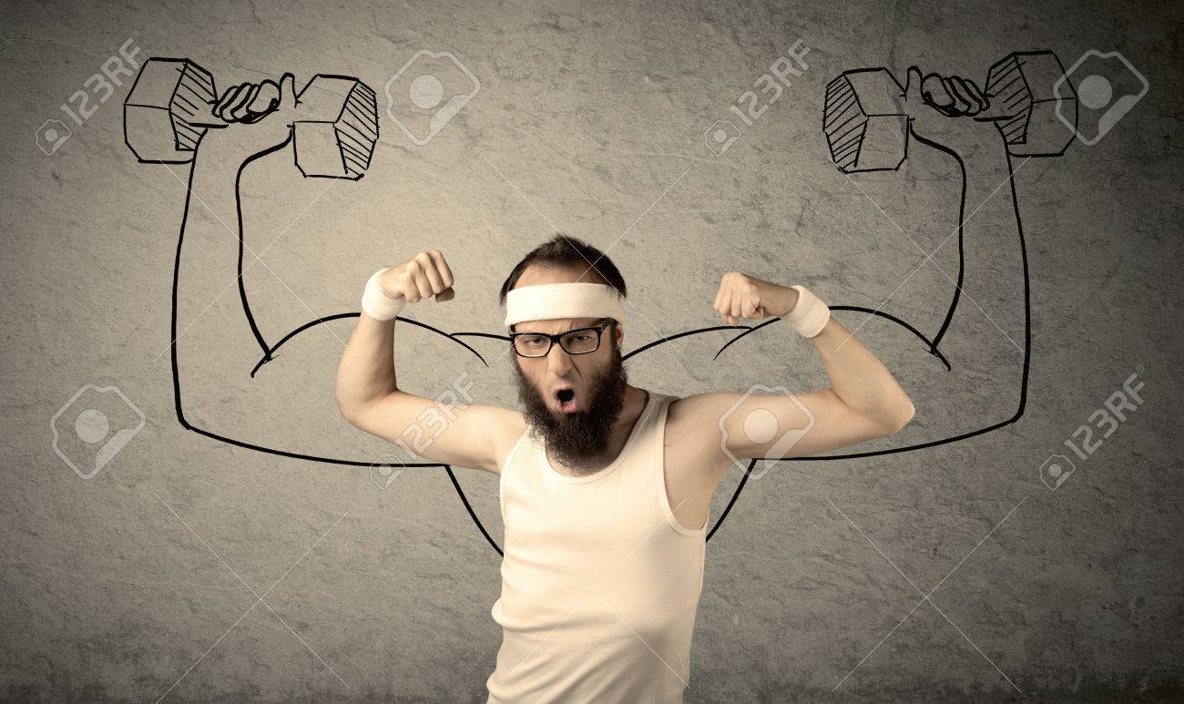 白図面の概念によって示されている 大きな筋肉の重量を持ち上げることを考えてひげとメガネ 灰色の背景の前でポーズ若い大学生 の写真素材 画像素材 Image