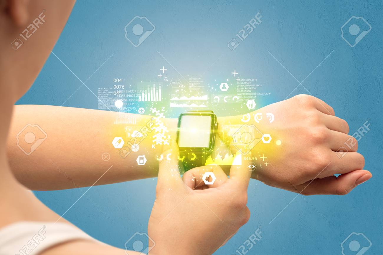 hand with smartwatch and health medical tracker concept stock photo medical tracker