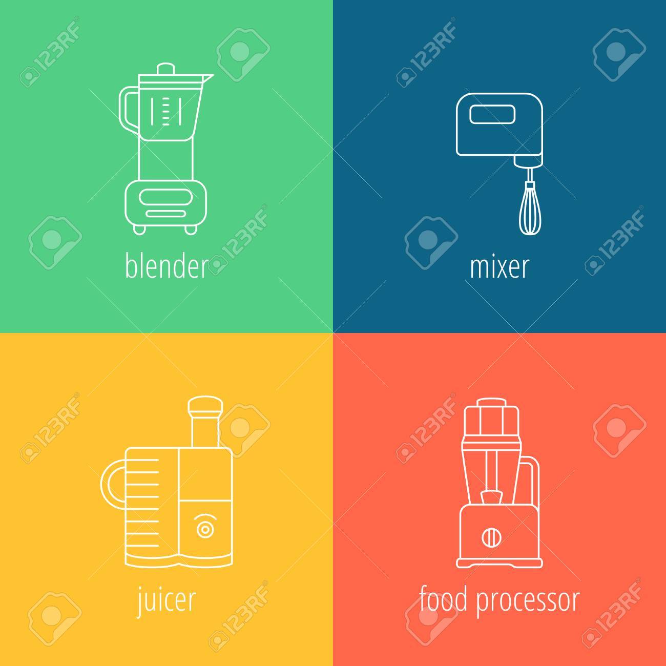Küchengeräte, Mixer, Mixer, Entsafter, Küchenmaschine, Dünne Entsafter Gerät, Gezeichnet, Vektor Illustration Lizenzfrei
