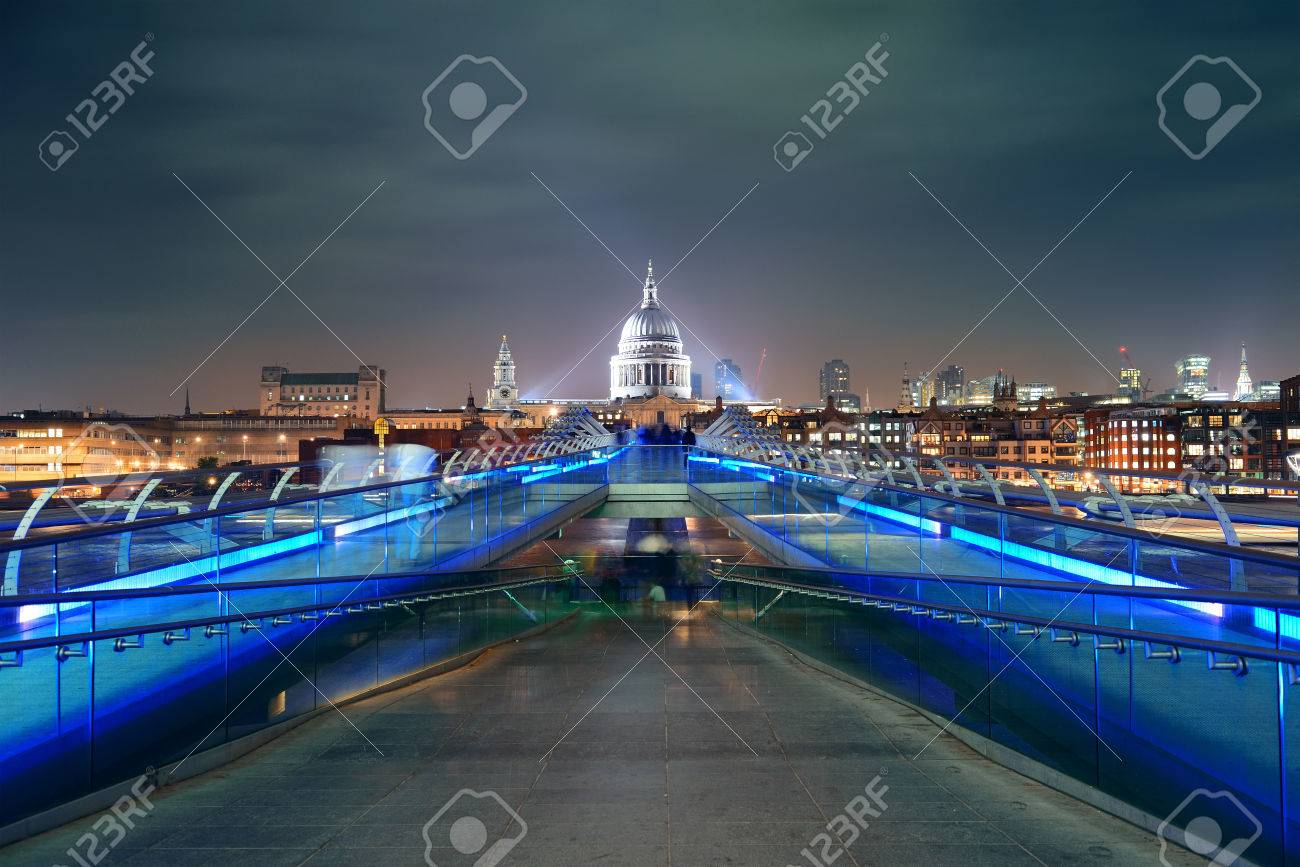 Millennium Bridge and St Pauls Cathedral at night in London - 49200597 Millennium Bridge and St Pauls Cathedral at night in London - 49200597