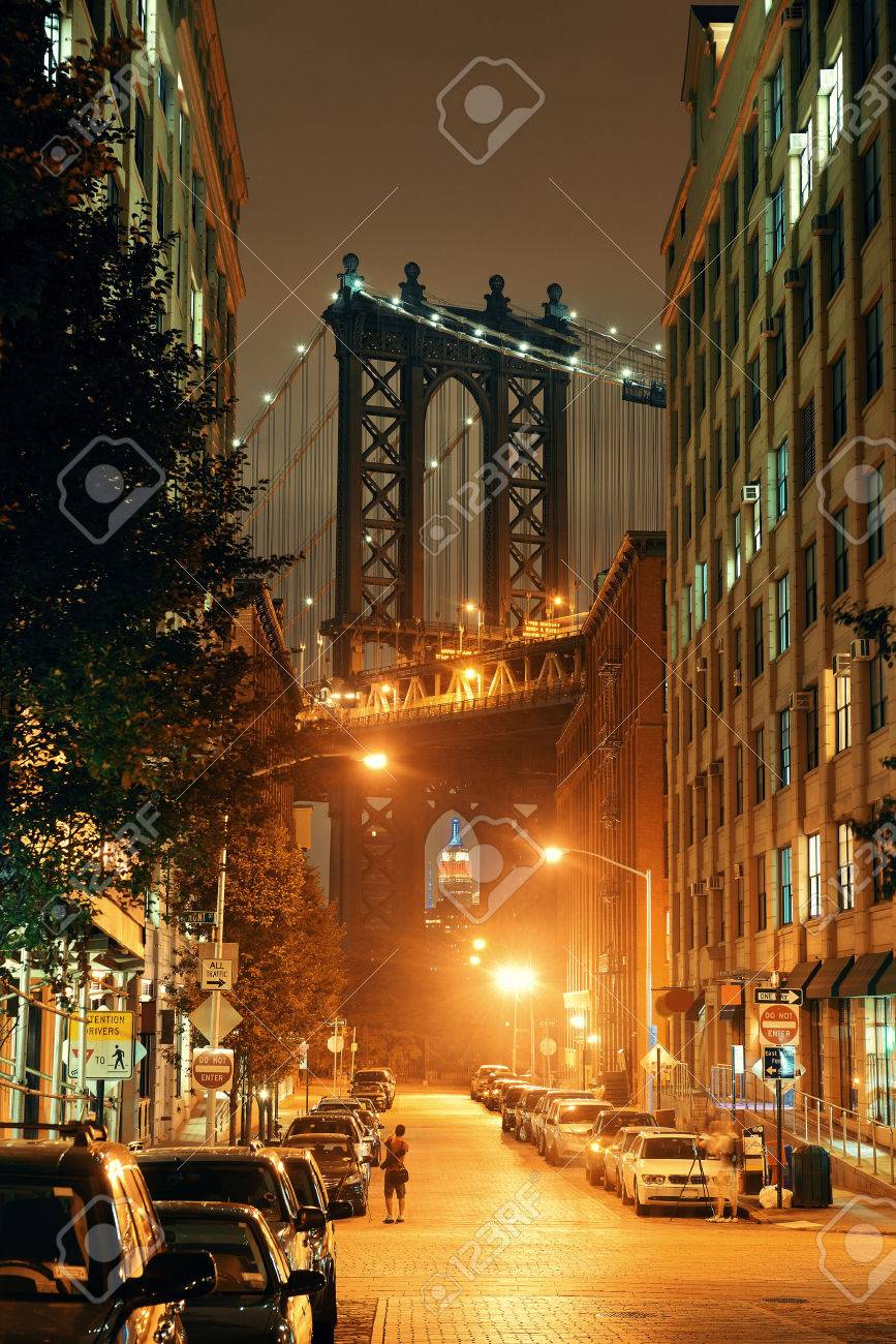 Manhattan Bridge viewed from street at night - 51311040 Manhattan Bridge viewed from street at night - 51311040