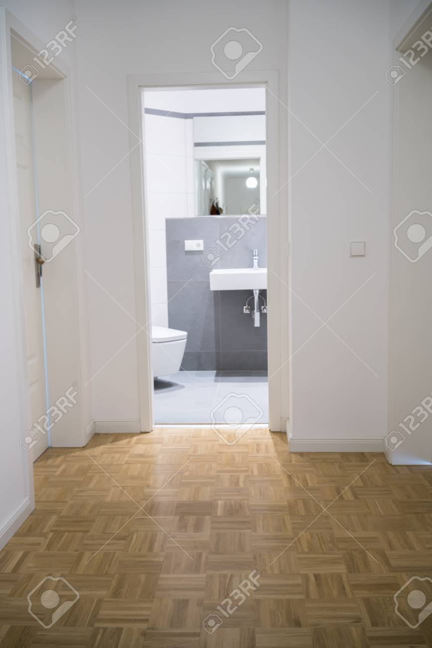 Sala Abierta En Una Casa Con Piso De Parquet De Madera Y Paredes Blancas Monocromáticas Mirando Hacia Un Baño De Lujo A Través De Una Puerta Abierta Fotos Retratos Imágenes Y Fotografía