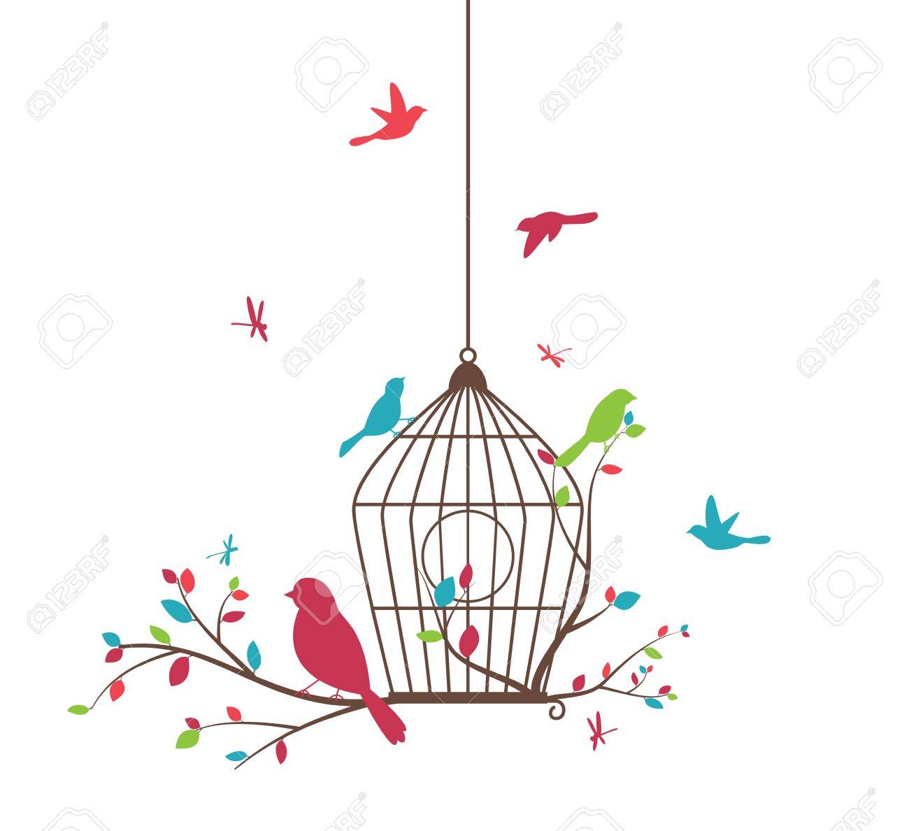 鳥と鳥かごのカラフルなツリー のイラスト素材 ベクタ Image