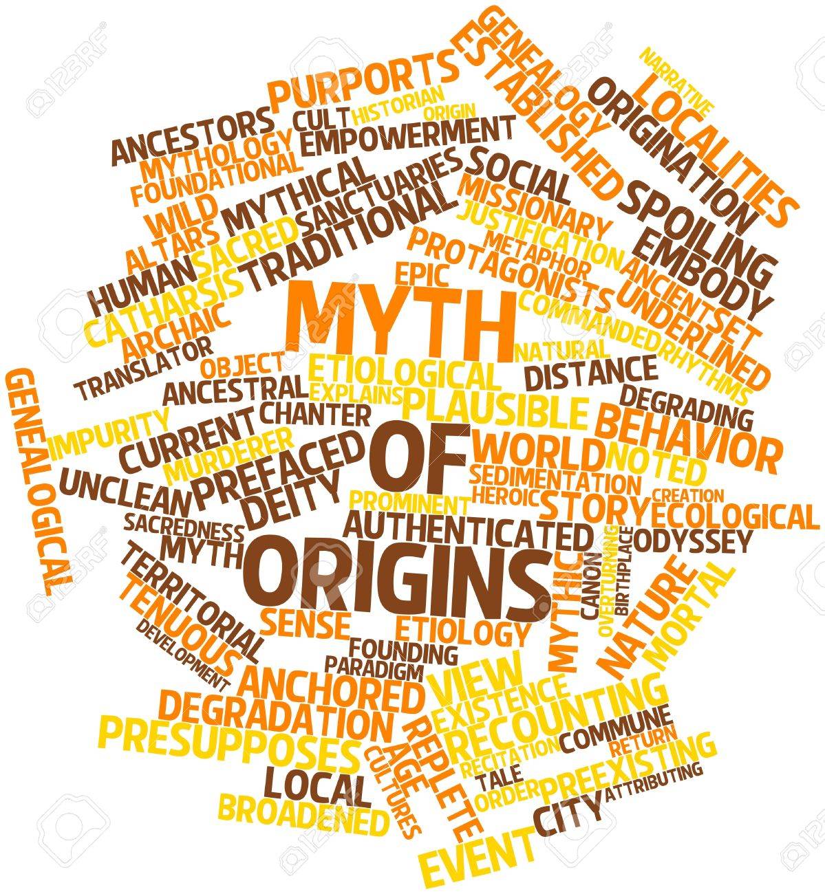 Abstract word cloud for Myth of origins with related tags and terms Stock Photo - 16983728