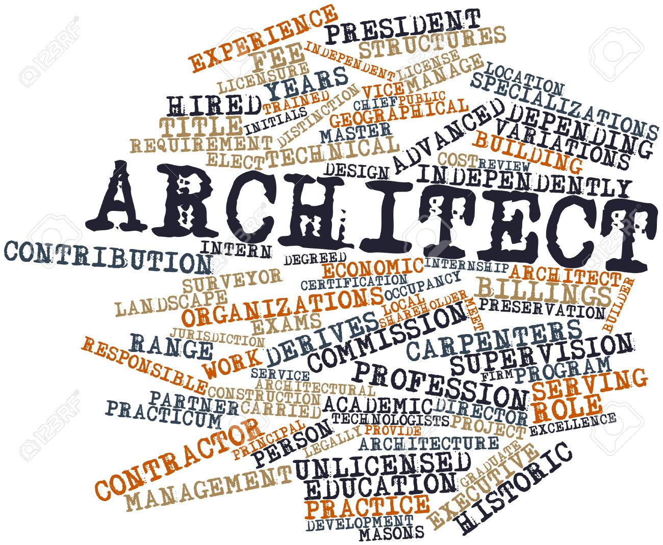 abstract word cloud for architect with related tags and terms stock