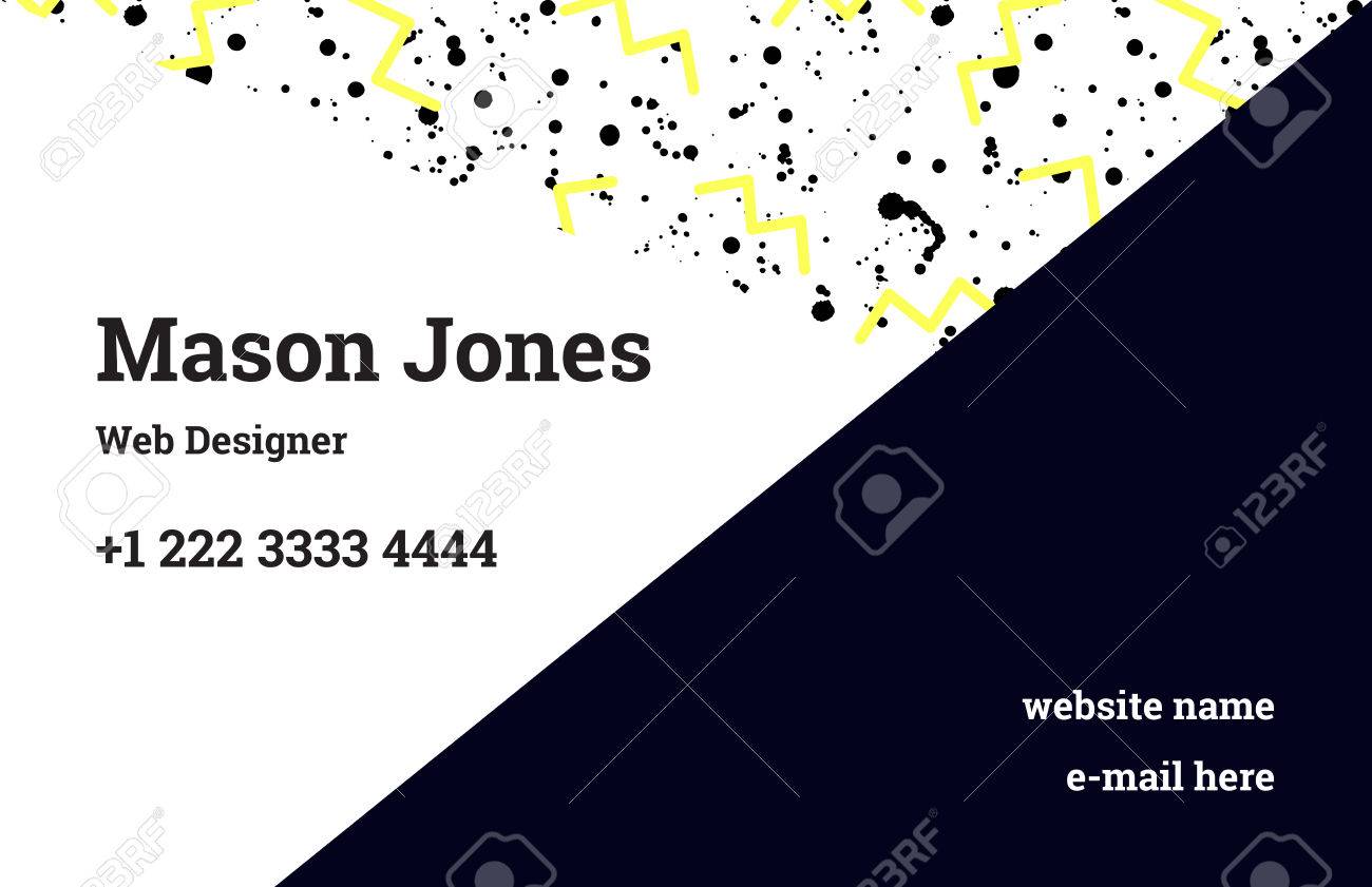 メンフィスのスタイルでファッション ビジネス カード テンプレートです パターンと幾何学模様の完璧な組み合わせ 黄色ジグザグと黒い汚れや塗料の Splatters とこのパターン ファンキーなデザイン のイラスト素材 ベクタ Image