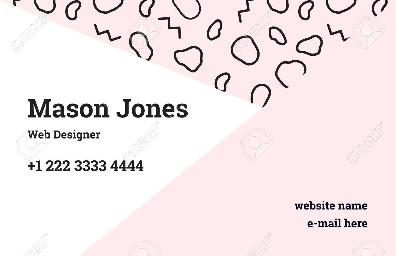 メンフィスのスタイルでファッション ビジネス カード テンプレートです パステル調のピンク色と黒の有機パターンの完璧な組み合わせ 直線ジグザグ Zags と円形スポット ファンキーなデザイン のイラスト素材 ベクタ Image