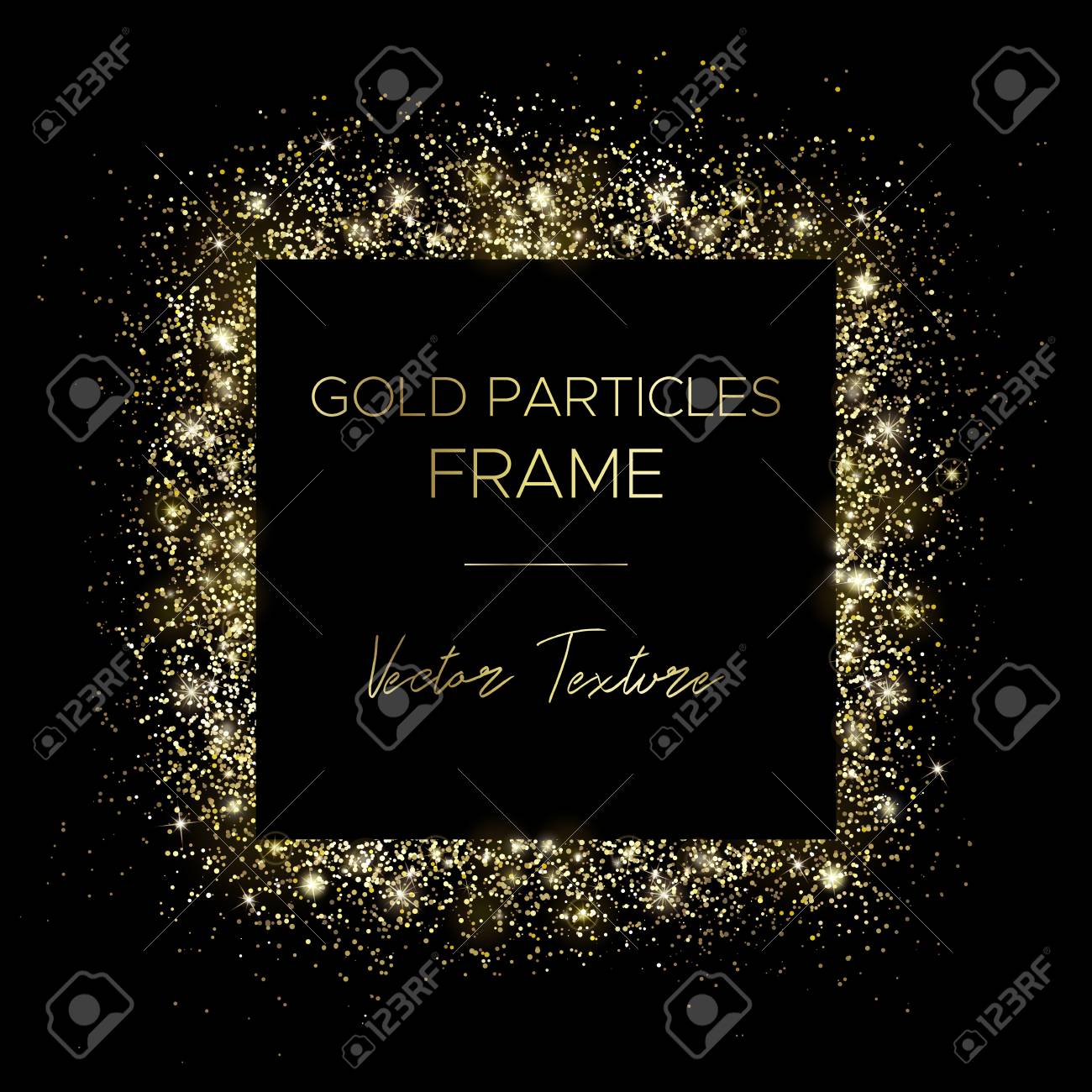 Golden square. Frame of gold particles and text in the center. Use for advertising, sale banner, postcard or cover. Box of golden powder and light effects. Luxury glitter sparkling and glowing sparks. - 122519667 Golden square. Frame of gold particles and text in the center. Use for advertising, sale banner, postcard or cover. Box of golden powder and light effects. Luxury glitter sparkling and glowing sparks. - 122519667