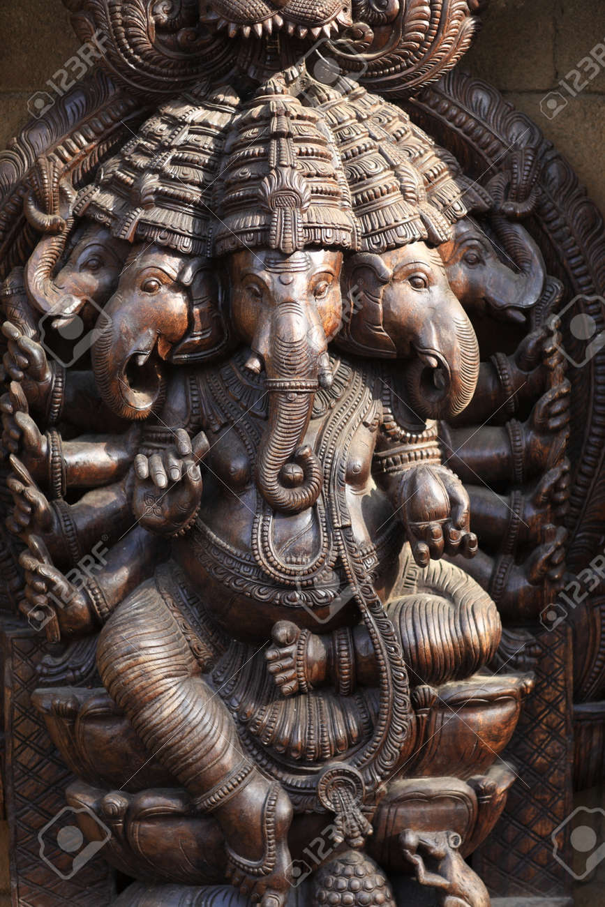 仏教美術 古銅 インド神 5面ガネーシャ象神 置物 M R5207