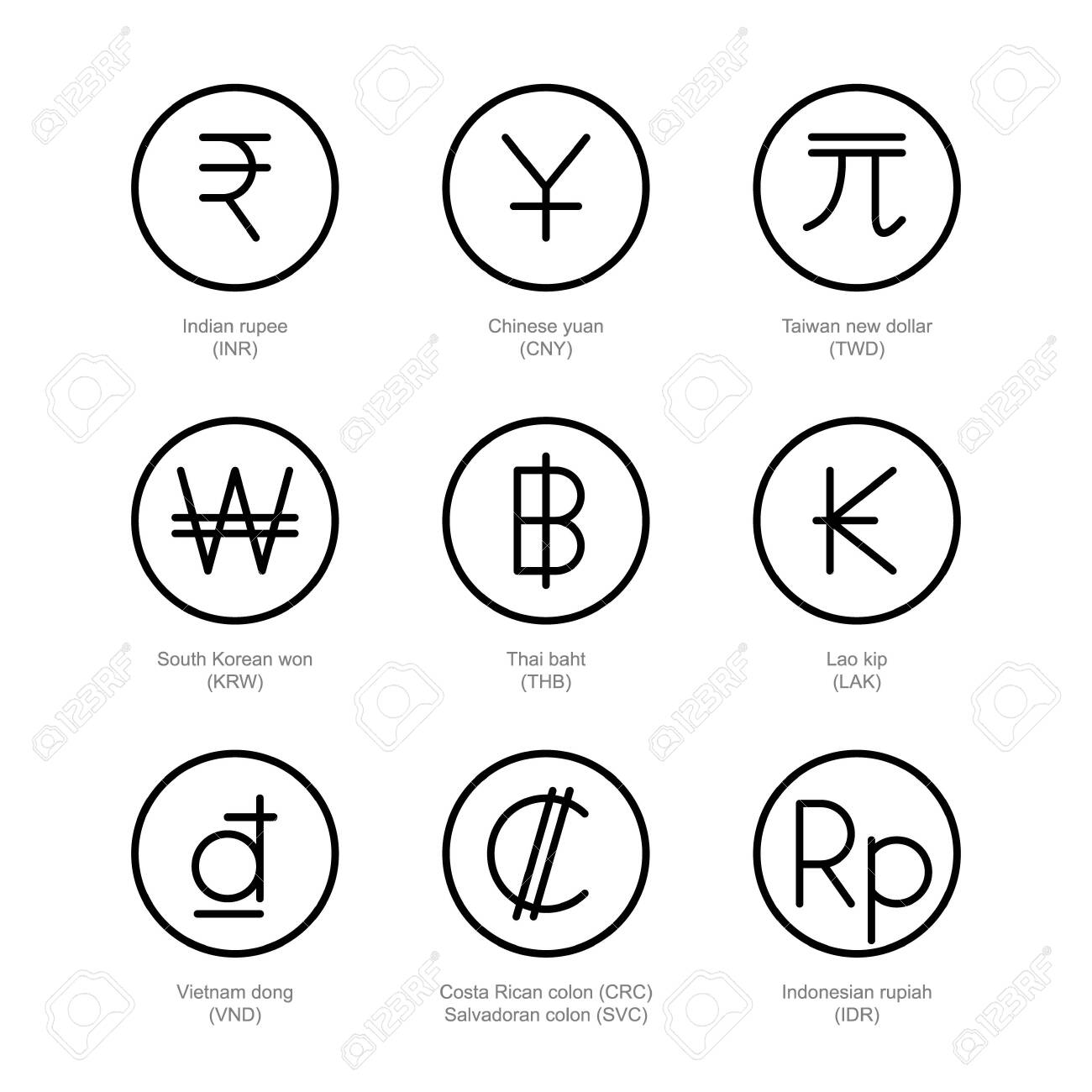 환전 아이콘입니다. 돈 라인 표지판. 인도 루피, 중국 위안, 대만 새 달러, 한국 원, 태국 바트, 라오스 킵, 베트남 동,  코스타리카 엘살바도르 콜론, 인도네시아 루피아. 로열티 무료 사진, 그림, 이미지 그리고 스톡포토그래피.