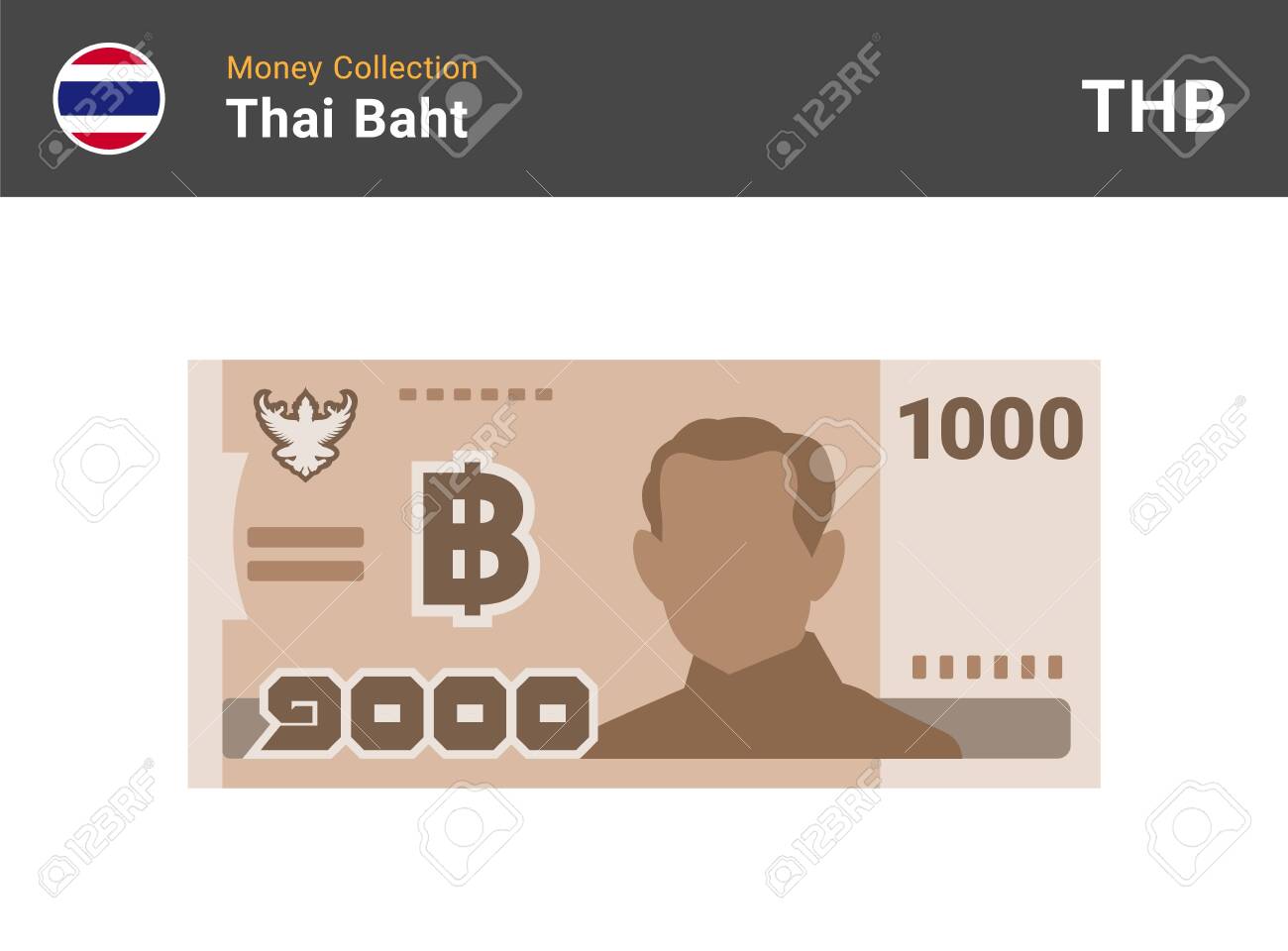 タイバーツ1000banknone。タイの紙幣。 1000バーツ。フラットアイコンスタイル。通貨記号。ベクトルイラスト。のイラスト素材・ベクター  Image 155474131