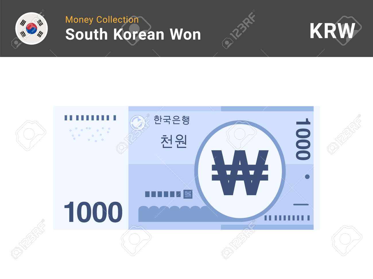 한국 원 지폐. 지폐 1000원. 공식 통화 현금. 플랫 스타일. 심플한 미니멀 디자인. 벡터 일러스트 레이 션. 로열티 무료 사진,  그림, 이미지 그리고 스톡포토그래피. Image 159117631