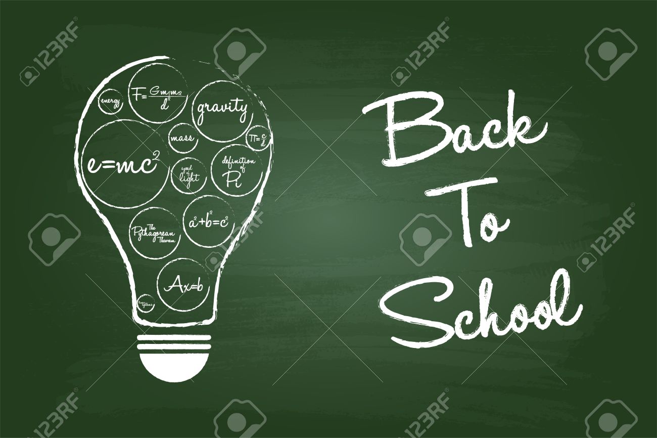back to school concept on green chalkboard with math equations chalkboard with math