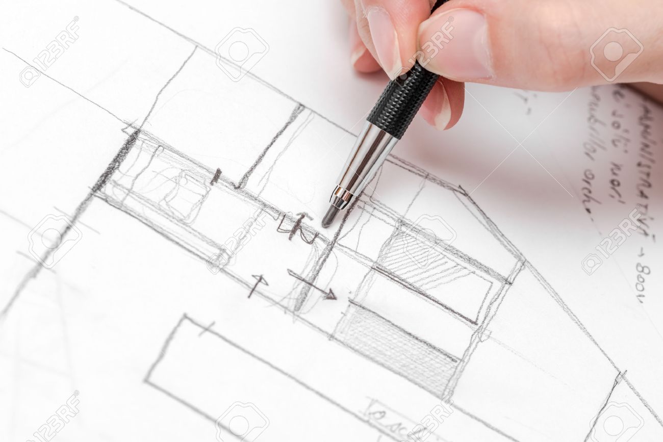 Architect Hand Drawing House Plan Sketch With Pencil Stock Photo ... Architect Hand Drawing House Plan Sketch With Pencil Stock Photo ...