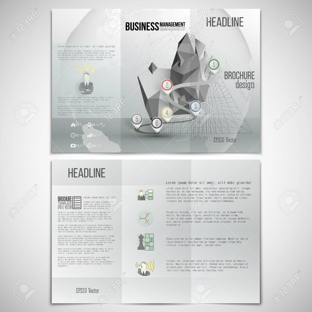 vector set of tri fold brochure design template on both sides flyer with timeline