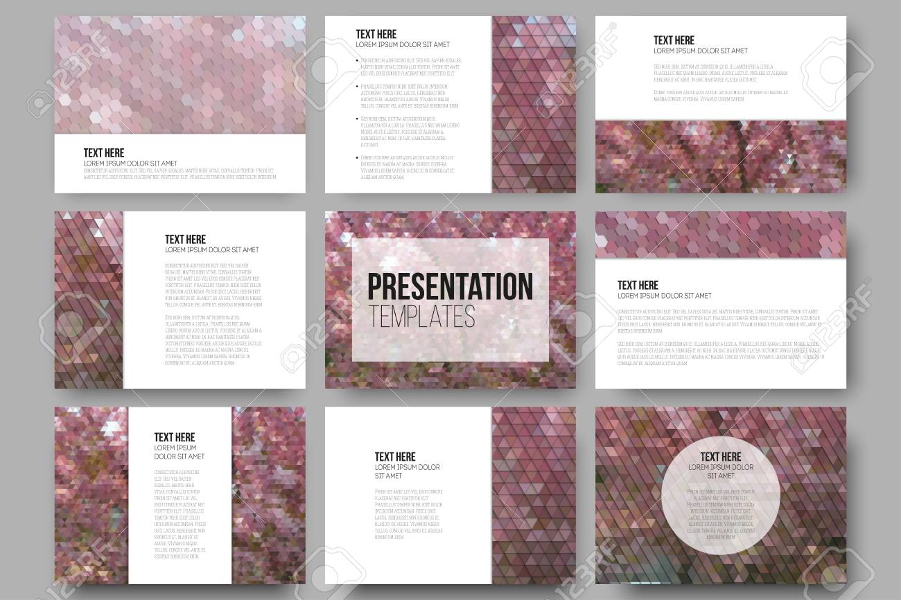 Conjunto De 9 Plantillas Para Diapositivas De La Presentacion Flores De Color Purpura Fondos Multicolores Abstractos Patrones Geometricos Naturales Estilo Triangular Y Hexagonal Ilustraciones Vectoriales Clip Art Vectorizado Libre De Derechos
