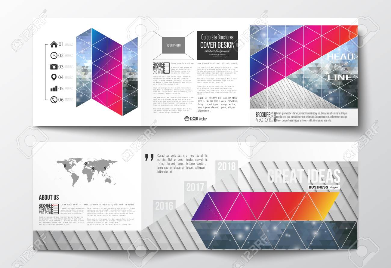 vector vector set of tri fold brochures square design templates with element of world map abstract colorful polygonal background modern stylish