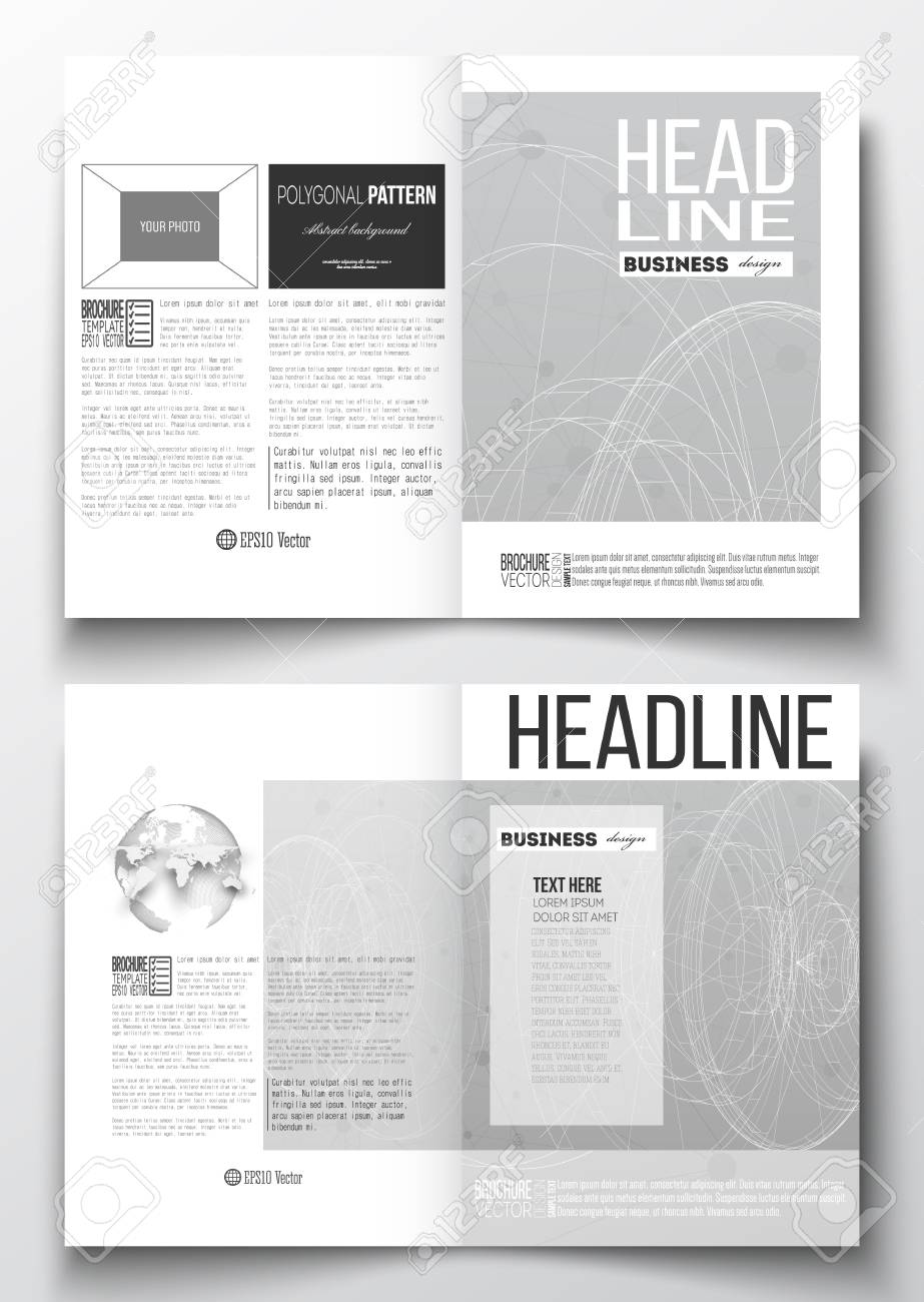 チラシ 小冊子または年次報告書 パンフレット 雑誌 ビジネス テンプレートをセットします 分子構造で接続されている線やドット 科学的または灰色の背景にデジタル デザイン パターン のイラスト素材 ベクタ Image