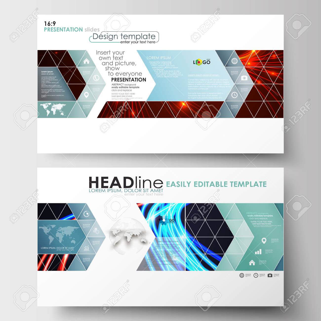 Plantillas Comerciales En Formato Hd Para Diapositivas De Presentacion Disenos Abstractos Editables Faciles En Diseno Plano Fondo Abstracto De Las Lineas Con Las Corrientes De Neon Que Brillan Intensamente Del Color Vector