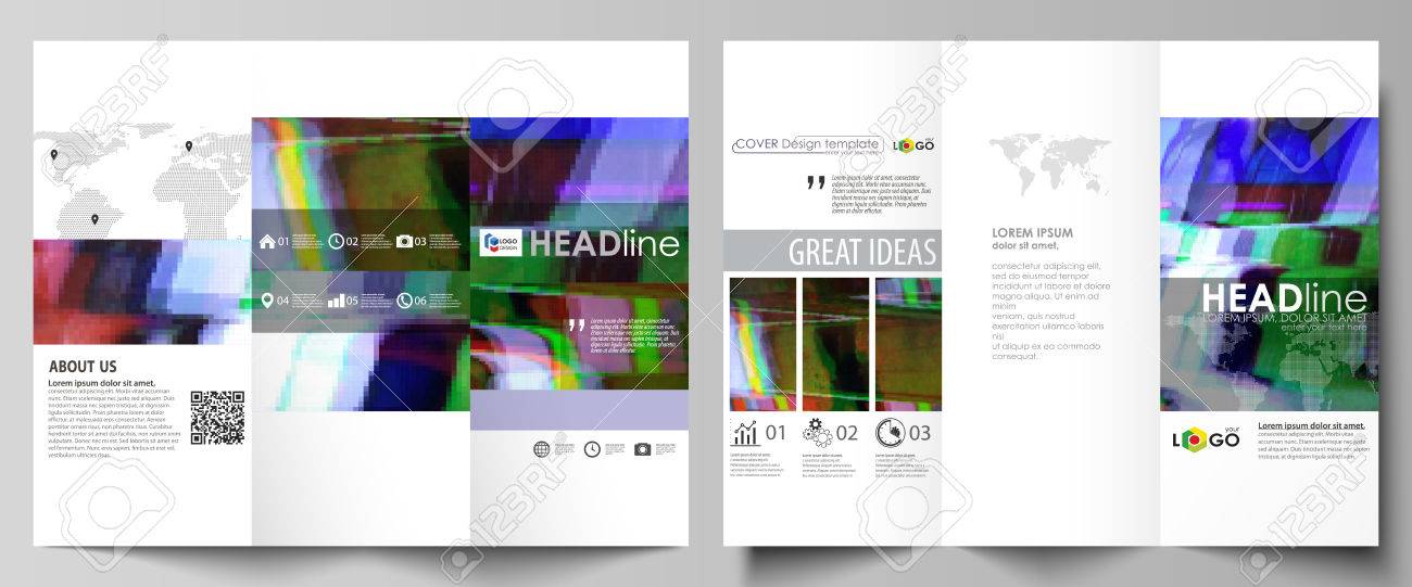 Dreifach Gefaltete Broschure Business Vorlagen Auf Beiden Seiten Einfach Bearbeitbares Abstraktes Vektor Layout Im Flachen Design Glitched Hintergrund Aus Bunten Pixel Mosaik Gemacht Digitaler Abfall Signalfehler Fernsehausfall Lizenzfrei Nutzbare