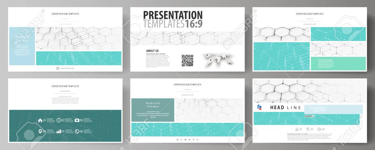 Plantillas Comerciales En Formato Hd Para Diapositivas De Presentacion Disenos De Vectores Abstractos En Diseno Plano Patron De Quimica Estructura De La Molecula Hexagonal En Azul Concepto De Medicina Ciencia Y Tecnologia