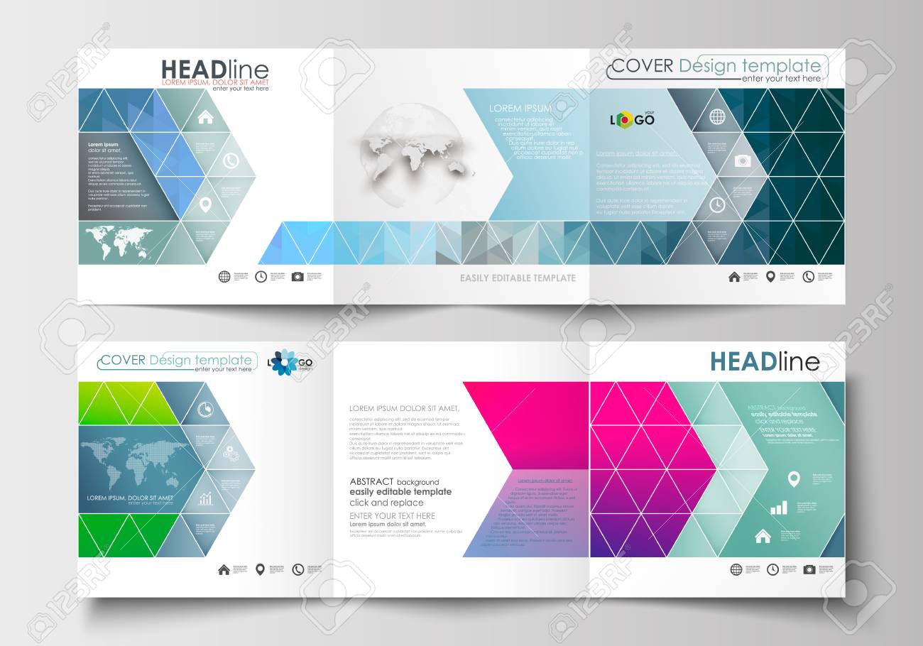 Satz Geschaftsschablonen Fur Dreifachgefaltete Broschuren Quadratisches Design Prospekthulle Flaches Layout Leicht Bearbeitbarer Rohling Abstrakte Dreiecke Blauer Dreieckiger Hintergrund Moderner Bunter Polygonaler Vektor Lizenzfrei Nutzbare