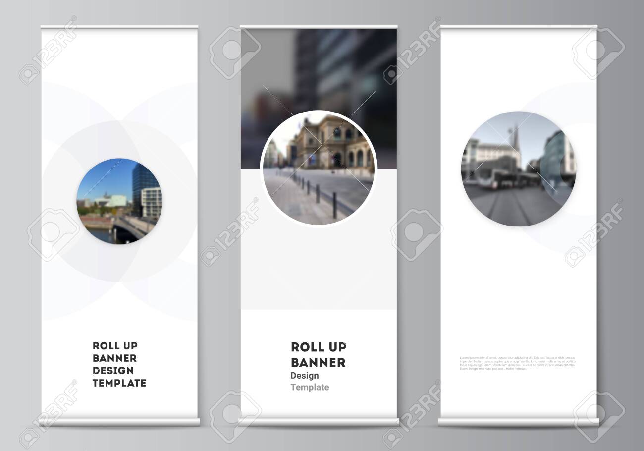 Download Vector Layout Of Roll Up Mockup Templates For Vertical Flyers Flags Design Templates Banner Stands Advertising Design Mockups Background Template With Rounds Circles For It Technology Royalty Free Cliparts Vectors And Stock