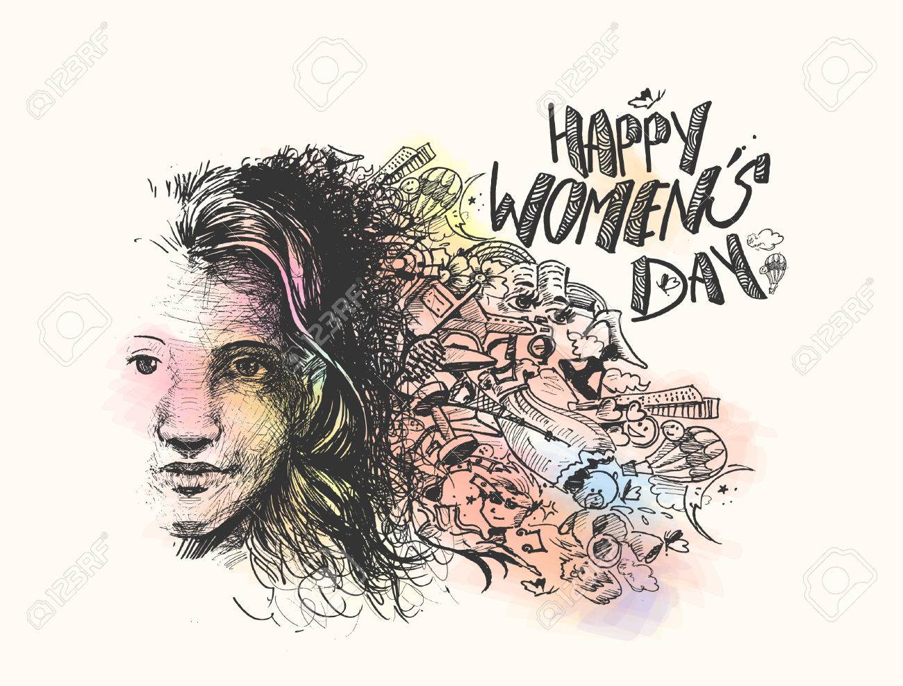 Happy Women's Day Greeting Card Design. Hand Drawn Sketch ...