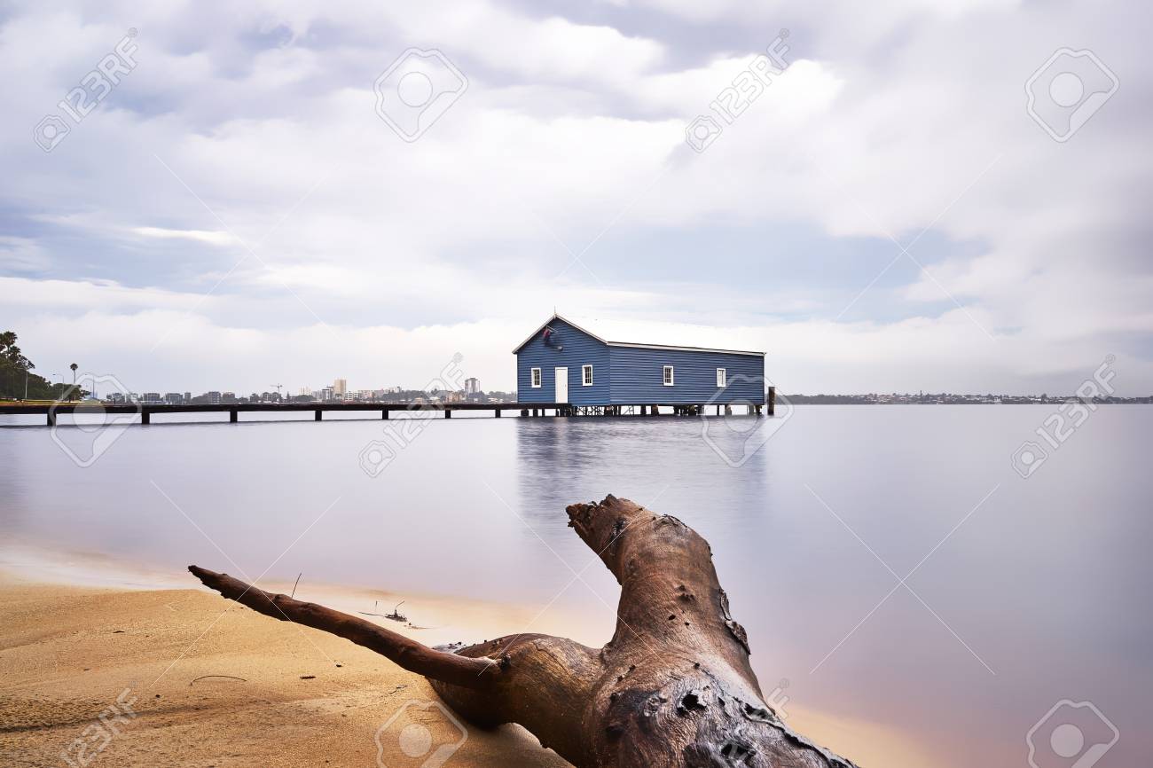 Blue Boathouse In The Swan River Perth Australia Stock Photo