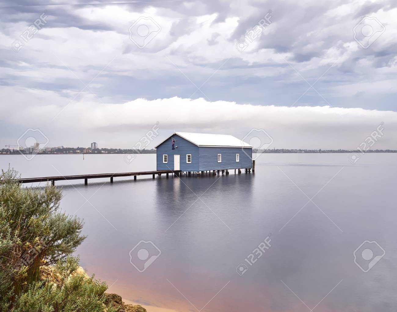 Blue Boathouse In The Swan River Perth Australia Stock Photo