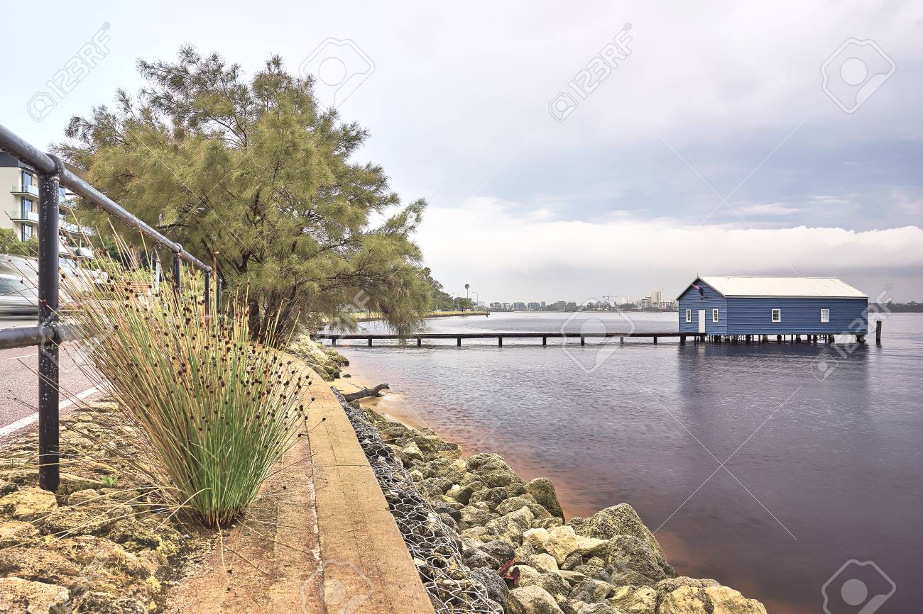 Blue Boathouse In The Swan River Perth Australia Stock Photo