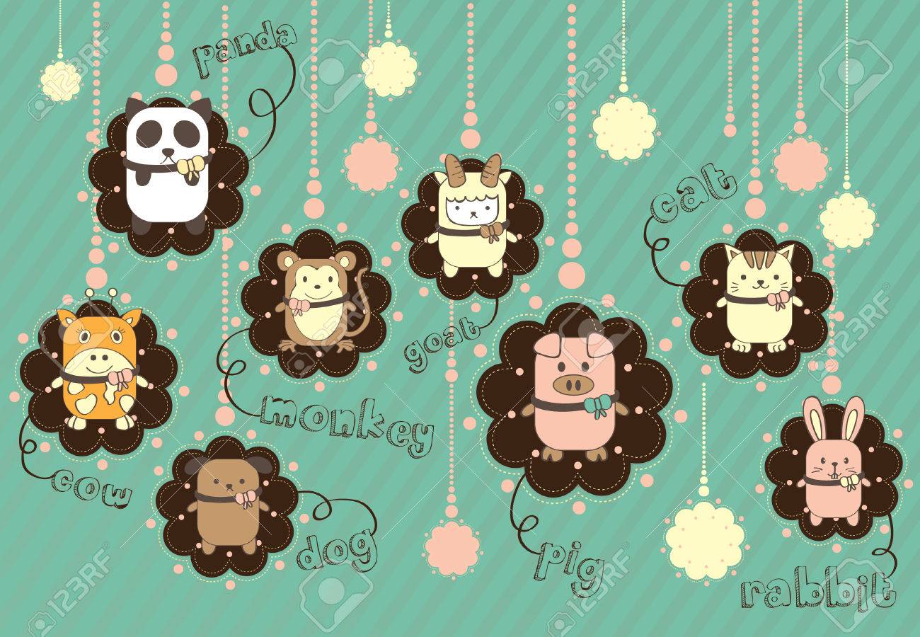 ぶらさがりタグ丸い花でかわいい動物のベクトルのイラスト素材 ベクタ Image