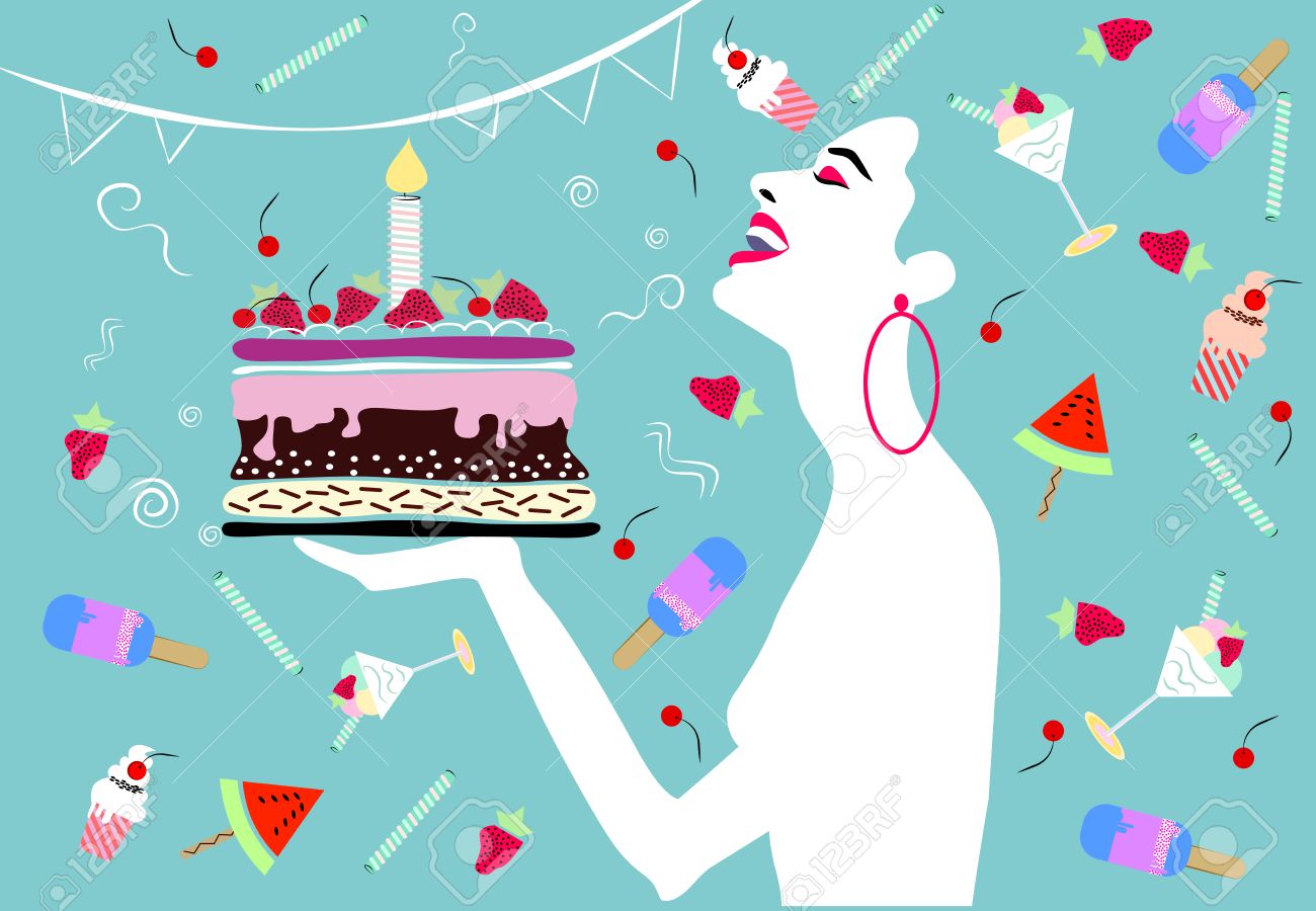 Happy Woman Laughing With Cake Cupcakes Ice Cream Fruits Wedding Anniversary Birthday Valentin S Day Party Invitation Concept Vector Royalty Free Cliparts Vectors And Stock Illustration Image