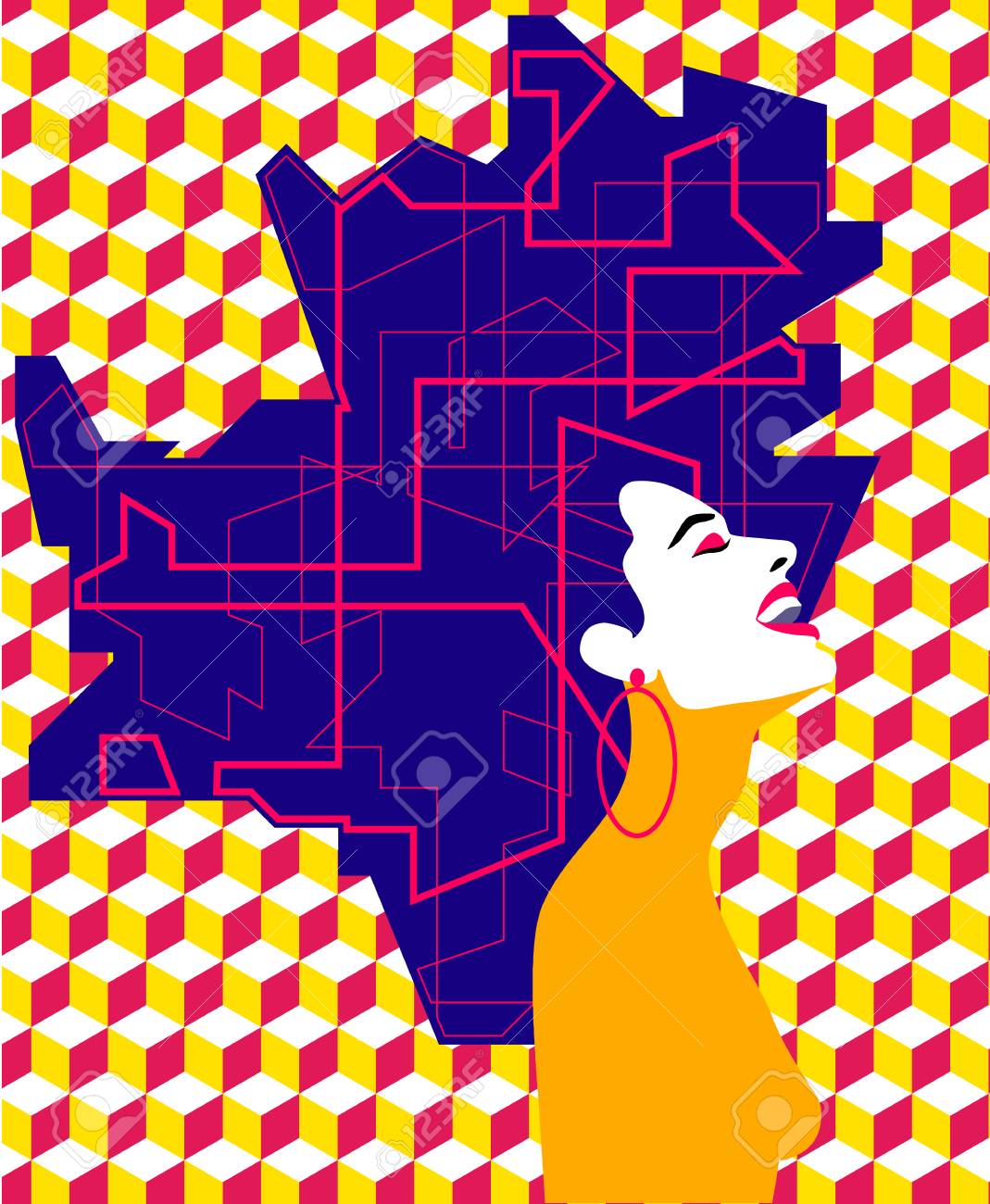 美しい女性の肖像画 笑いながら 見上げて幸せな女 レトロなスタイル ポップアート シンプルなグラフィックのベクター Eps10 図 のイラスト素材 ベクタ Image