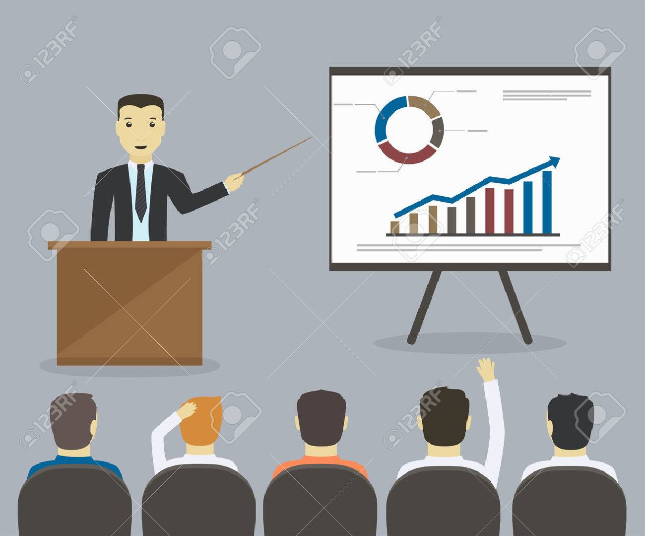 Homme D Affaires Donne Une Presentation Ou Un Seminaire Reunion D Affaires Formation Clip Art Libres De Droits Vecteurs Et Illustration Image