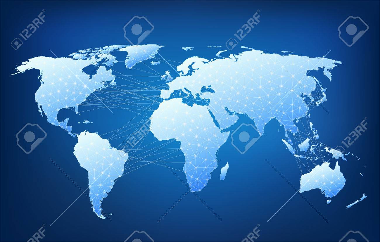 선으로 연결 노드와 세계지도입니다. 다각형 구조의지도. 로열티 무료 사진, 그림, 이미지 그리고 스톡포토그래피. Image  40368985