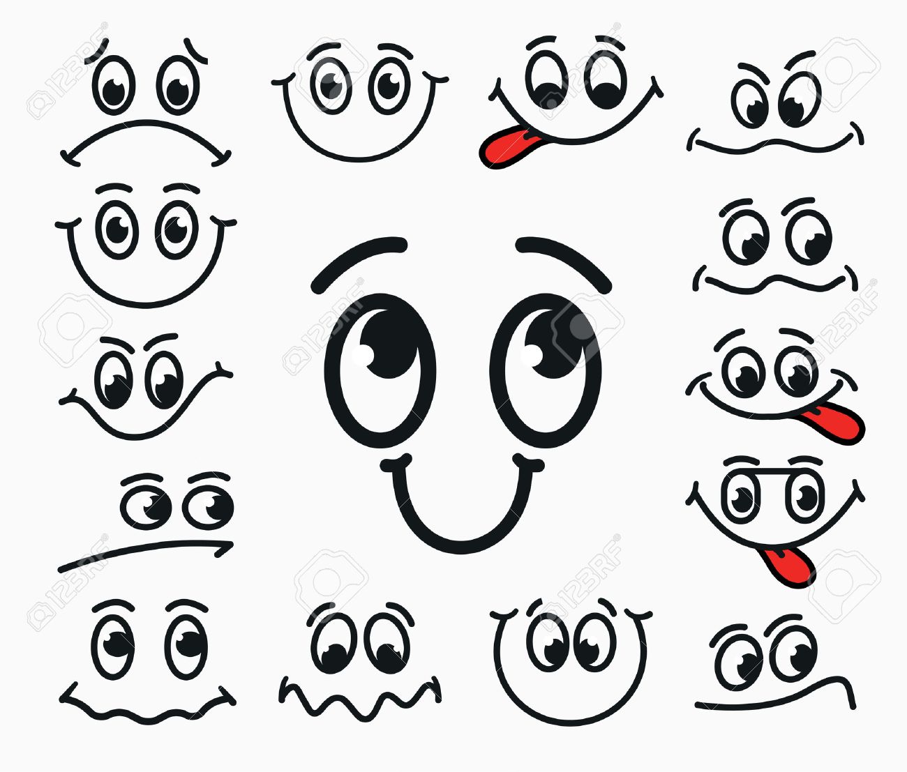 Cartoon facial expression of joy, of sadness, discontent. Emotions mouth and eyes with tongue. - 55853513 Cartoon facial expression of joy, of sadness, discontent. Emotions mouth and eyes with tongue. - 55853513