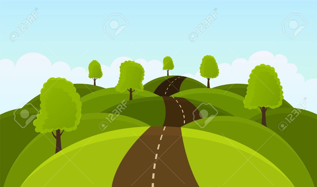 Road on hills among trees and meadows. Summer landscape - 64830701 Road on hills among trees and meadows. Summer landscape - 64830701