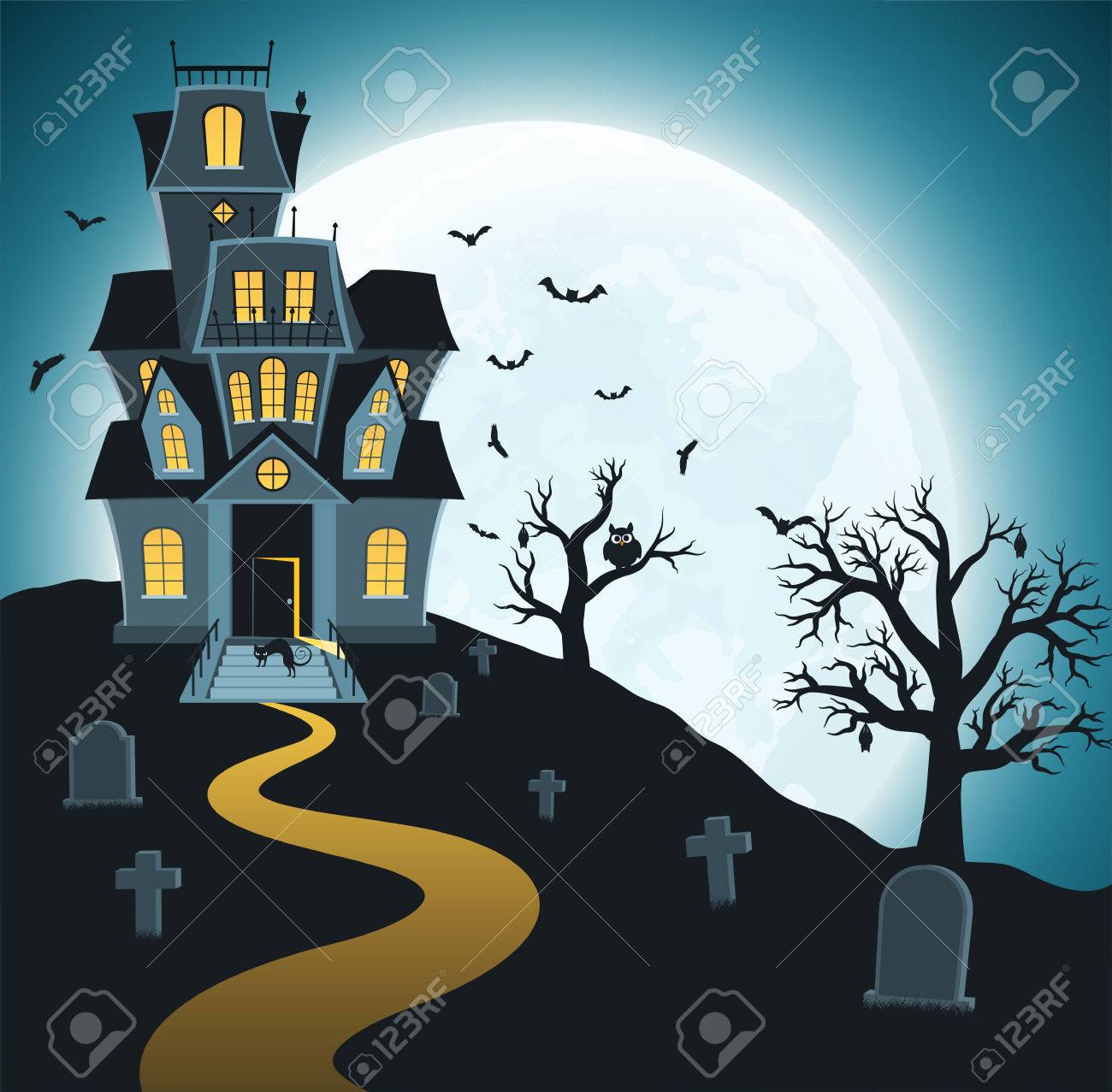 墓の木 コウモリ 墓石 墓地とハロウィンの背景 死んだ木と明るい月の背景にお化け屋敷の不気味な暗い森 のイラスト素材 ベクタ Image