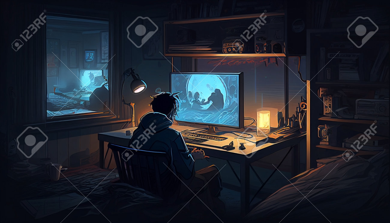 Anime, Room, Computer, Night, HD wallpaper