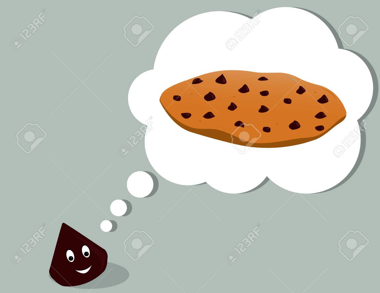 Smiling chocolate chip thinking of a chocolate chip cookie all on a gray background - 6468199 Smiling chocolate chip thinking of a chocolate chip cookie all on a gray background - 6468199