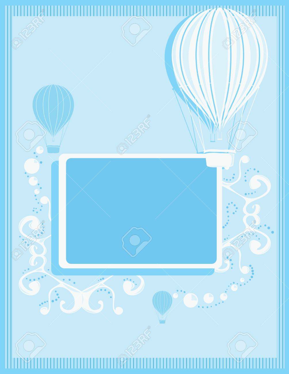Blue and white hot air balloon background with a rectangular frame and white abstract elements - 7315118 Blue and white hot air balloon background with a rectangular frame and white abstract elements - 7315118