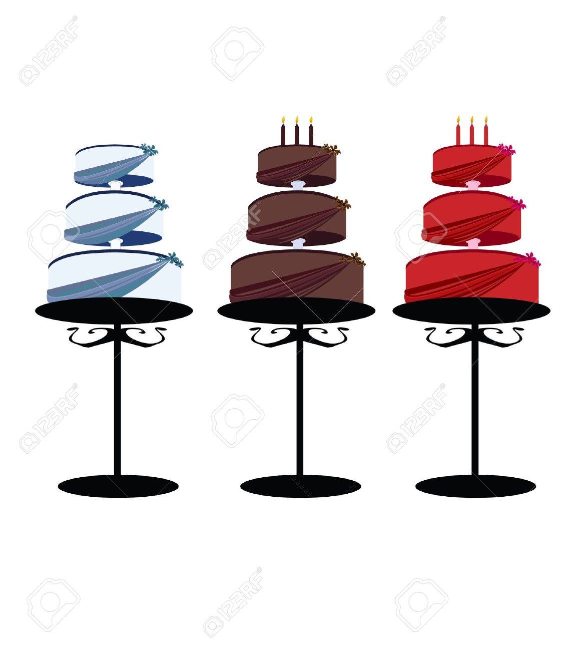 Multitier cakes with decorated layers on stands over a white background - 7315093 Multitier cakes with decorated layers on stands over a white background - 7315093
