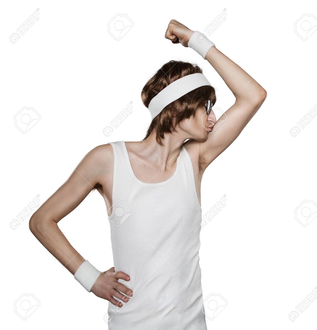 Funny retro macho nerd kissing his biceps isolated on white background with copy space - 30213625 Funny retro macho nerd kissing his biceps isolated on white background with copy space - 30213625