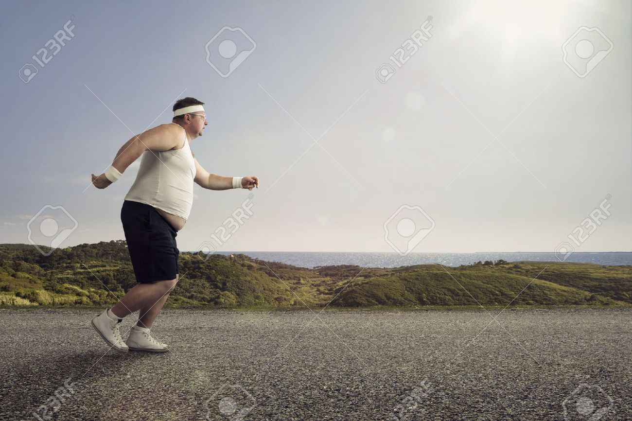 Funny overweight man jogging on the road - 30213629 Funny overweight man jogging on the road - 30213629