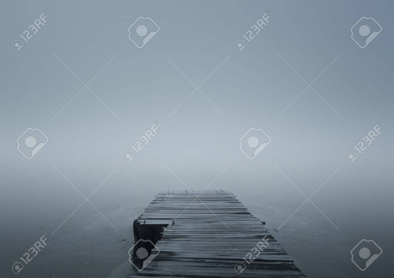 Close up of wooden jetty in the winter fog with copy space - 35852733 Close up of wooden jetty in the winter fog with copy space - 35852733