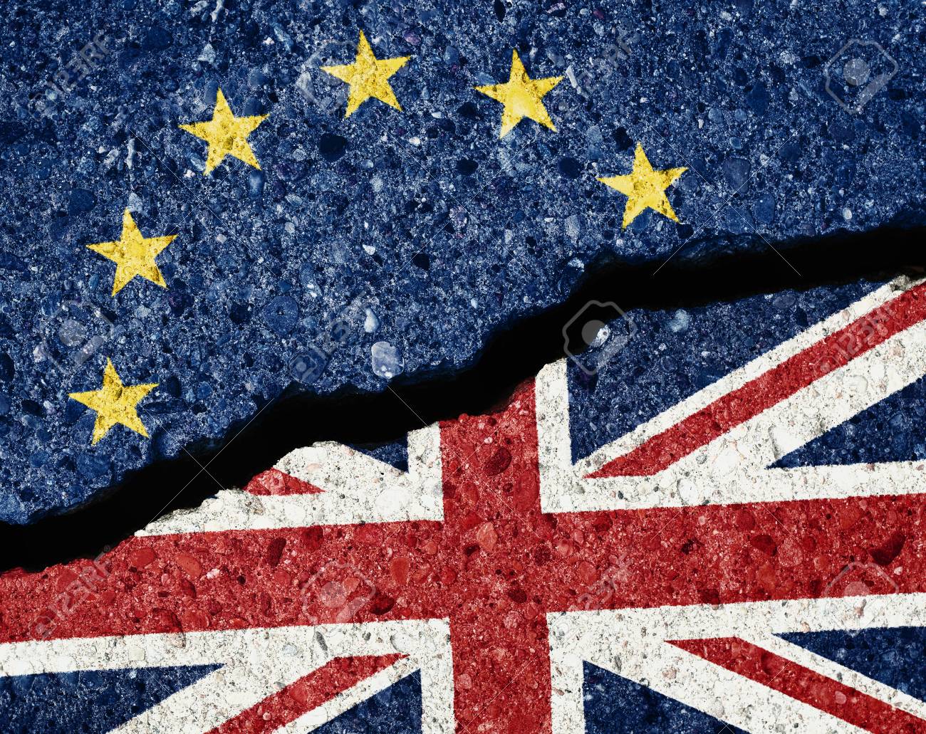 Brexit concept, crack in the asphalt dividing ue and gb flags - 84721664 Brexit concept, crack in the asphalt dividing ue and gb flags - 84721664